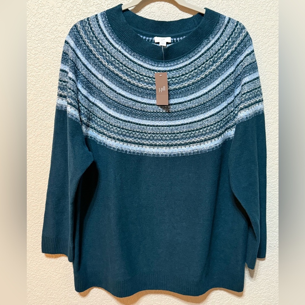 NWT J. Jill Women's Fair Isle Sweater in Dark Teal Green Size XL